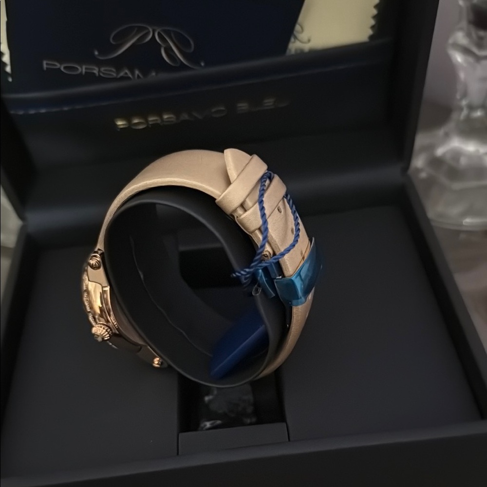 NIB Liza Automatic Satin Leather Porsamo Bleu Gold-Pearl Watch Topaz Bezel - Picture 6 of 11